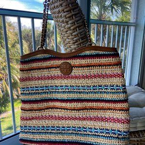 Tory Burch Multicolor Stripe Raffia and Leather Marion Tote